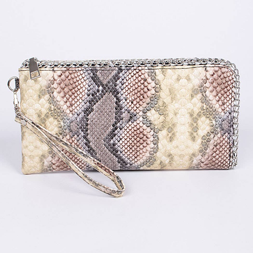 Shine Sneak Print With Chain Zipper Clutch