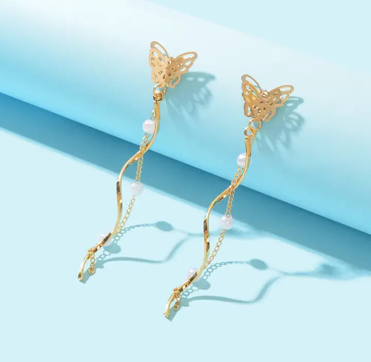 Butterfly stud long pendant earrings