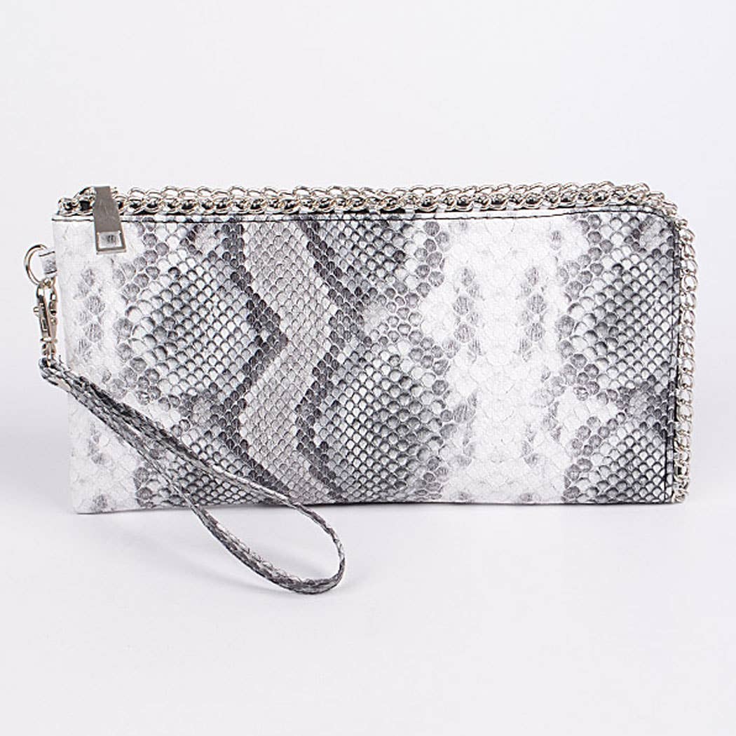 Shine Sneak Print With Chain Zipper Clutch